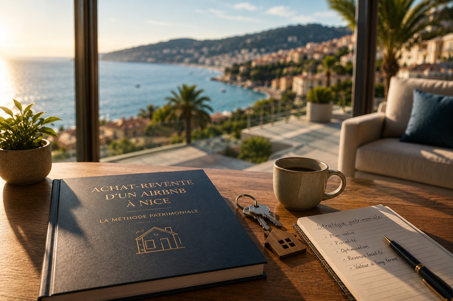 Achat-revente d'un Airbnb à Nice, la méthode patrimoniale — bureau face à la mer avec ouvrage dédié et clés de logement