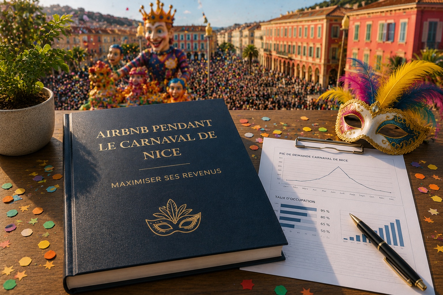 Airbnb during the Nice Carnival — flower-decked float on Place Masséna and a Venetian mask, a demand peak to leverage
