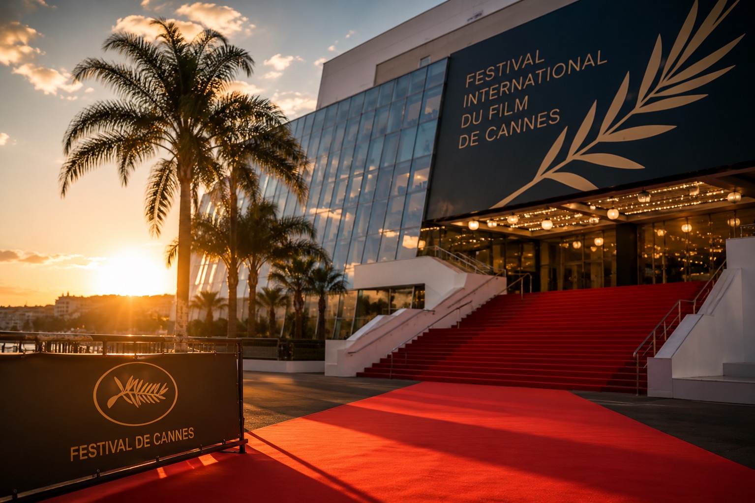 Airbnb pendant le Festival de Cannes — tapis rouge et Palais des Festivals au coucher du soleil, pic de demande à exploiter