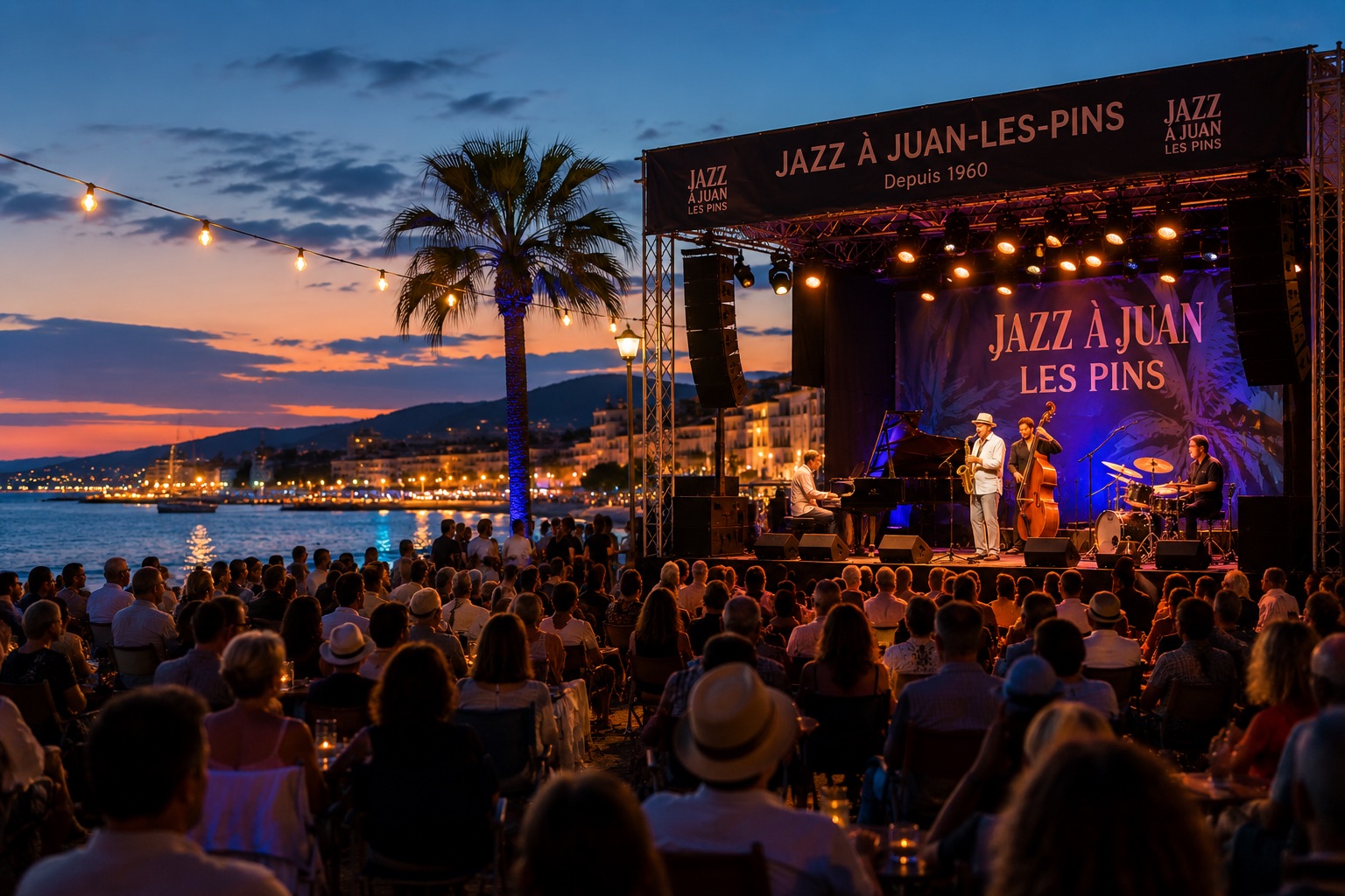 Airbnb pendant le festival Jazz à Juan — scène en bord de mer face au public à Juan-les-Pins, pic de demande à exploiter