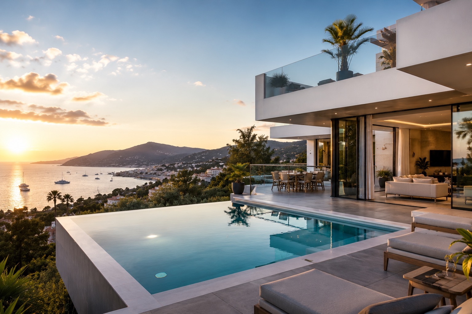Investir dans une villa Airbnb au Cap d'Antibes — villa contemporaine avec piscine à débordement et vue mer au coucher du soleil