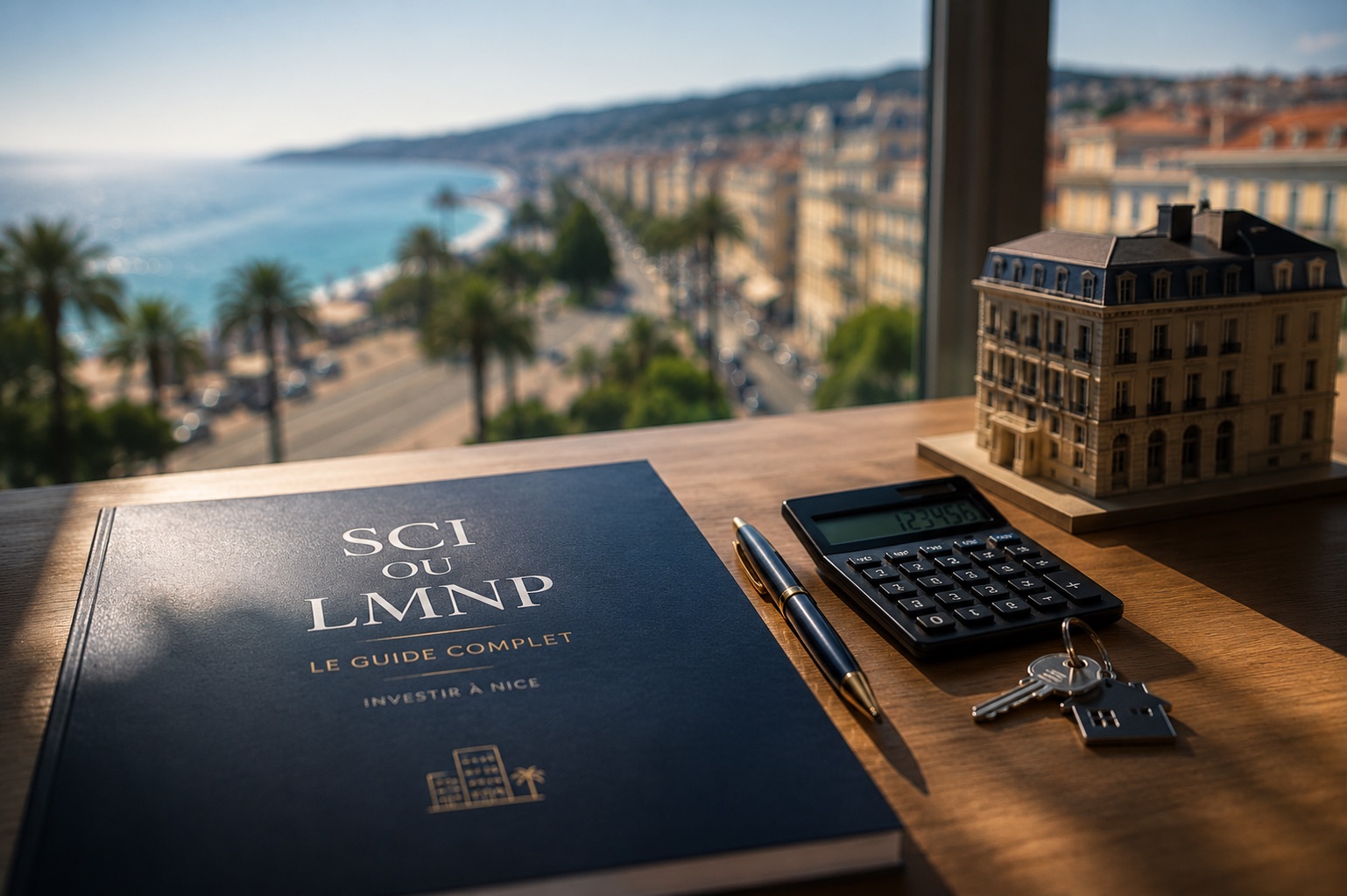 SCI à l'IS ou LMNP à Nice, le guide complet — ouvrage de comparaison fiscale, calculatrice et vue sur la baie de Nice