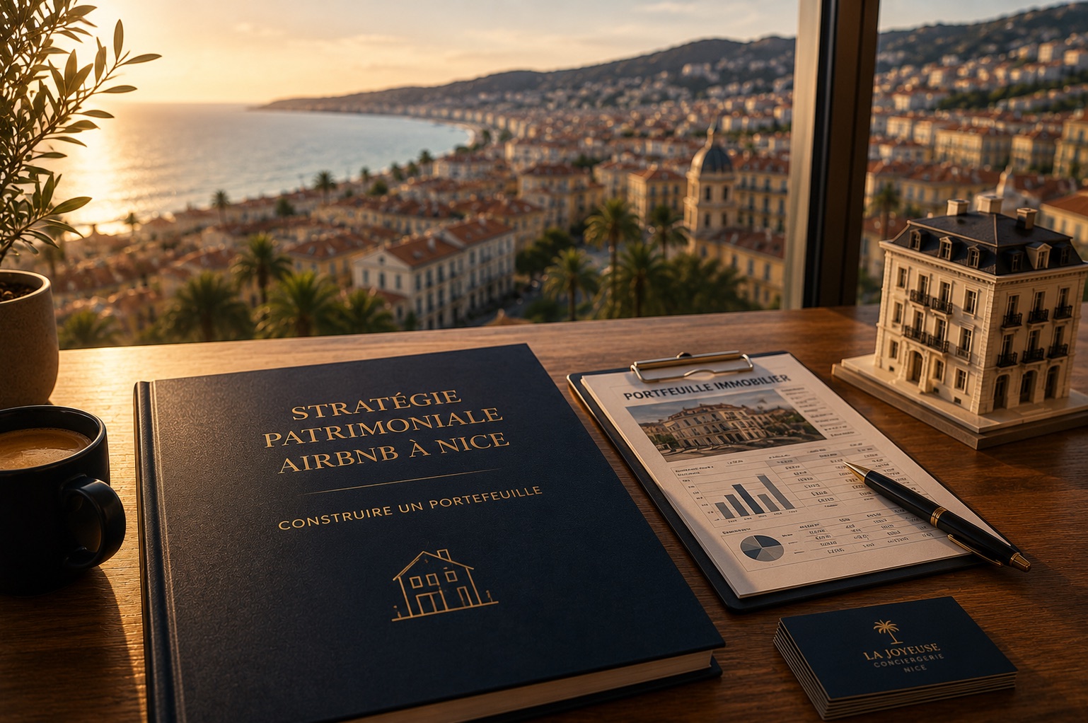 Stratégie patrimoniale Airbnb à Nice, construire un portefeuille — bureau avec ouvrage dédié face à la baie des Anges